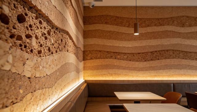 Layered cork feature wall creating warm cozy dining corner with bench and pendant light