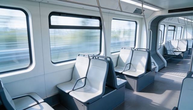 Empty Modern Commuter Train Interior with Molded Paired Seats, Motion-Blurred Windows