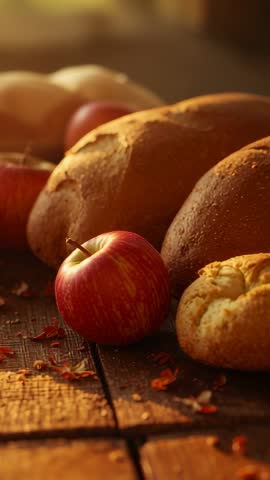 Vertical video panning over rustic harvest table with apples, cinnamon sticks and artisan bread