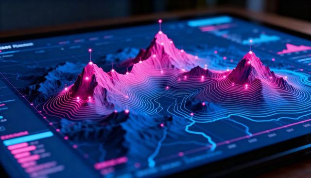 Displaying neon 3d topographic visualization on tablet for geospatial analytics and ux