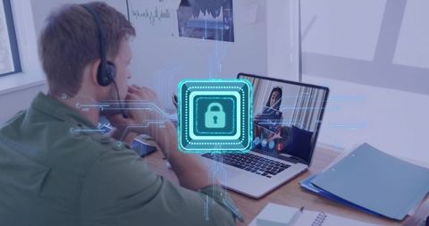 Remote worker securing video call with virtual padlock cybersecurity overlay on laptop