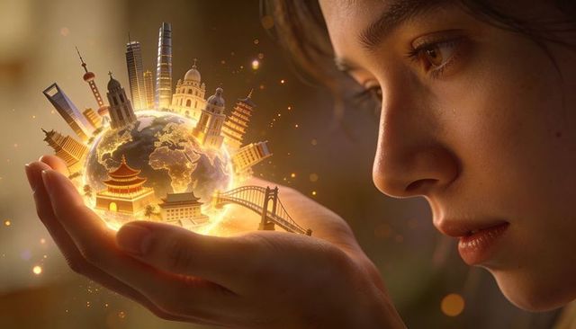 Contemplative woman holding glowing miniature earth with iconic global landmarks