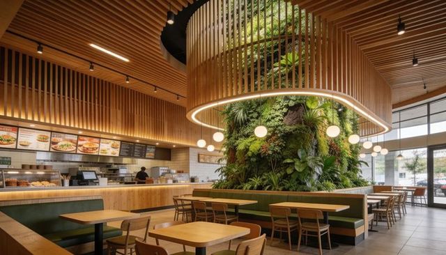 Modern restaurant featuring living green wall, wood slat ceiling and led ring lighting