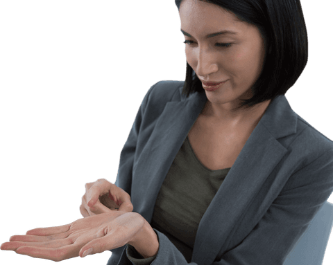 Businesswoman Gesturing with Open Hand on Transparent Surface