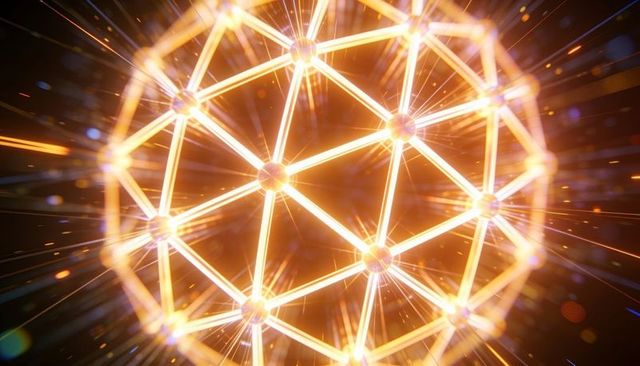 Radiating geodesic light sphere with luminous nodes and golden volumetric glow