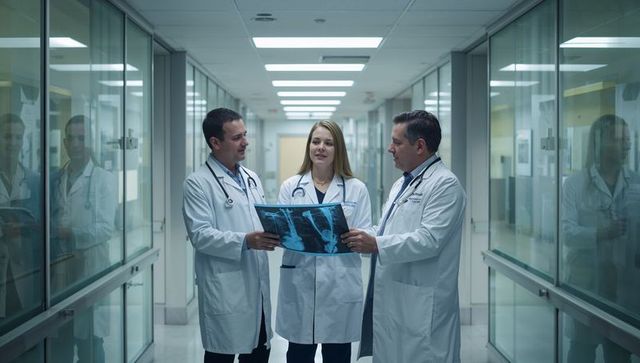 Three physicians reviewing chest x-ray in hospital corridor reflective glass collaboration