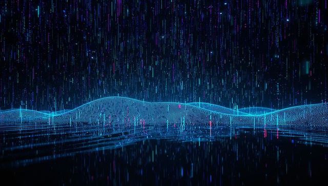 Futuristic neon grid waves creating digital cyber landscape