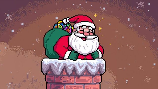 Pixel art santa climbing chimney on snowy rooftop retro 8-bit holiday illustration