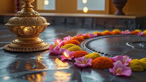 Brass lamp illuminating lotus and marigold rangoli in ceremonial hall, vishu festival