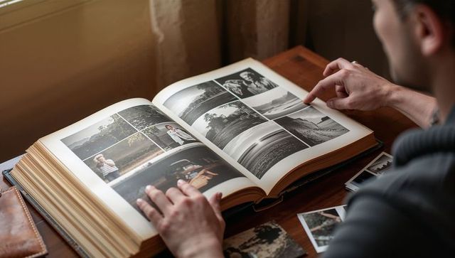 Man flipping print album on desk, pointing at monochrome landscapes and family portraits