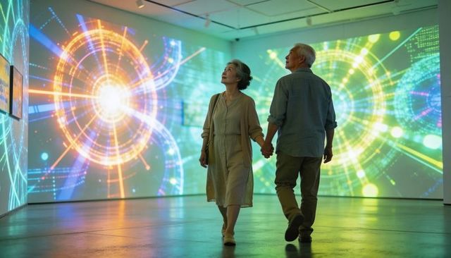 Senior Couple Holding Hands Exploring Immersive Digital Art with Vibrant Radial Light
