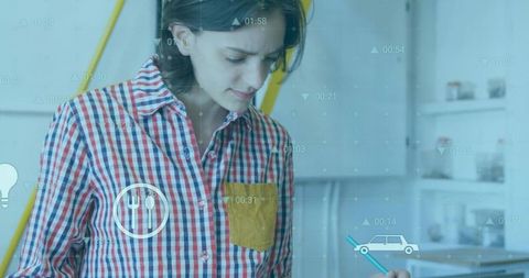 Woman in Plaid Shirt Baking at Home with Digital Overlay