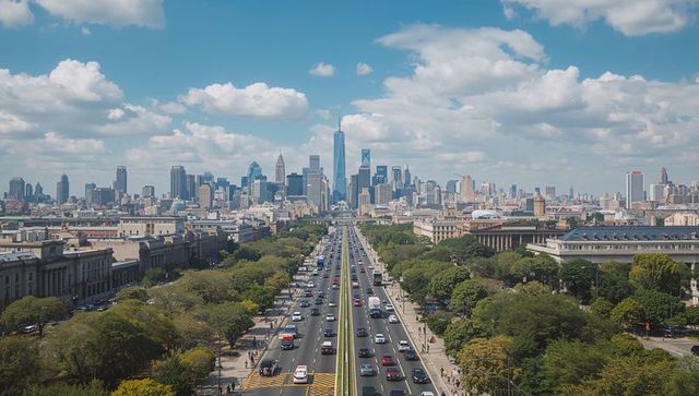 Planted median boulevard leading to downtown skyline, busy traffic and pedestrian life