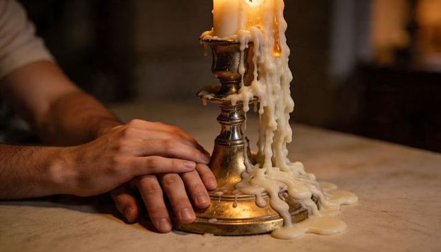 Glowing brass candlestick dripping wax with hands resting on marble table