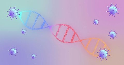 DNA and COVID-19 Virus Cells Floating in Pastel Gradient