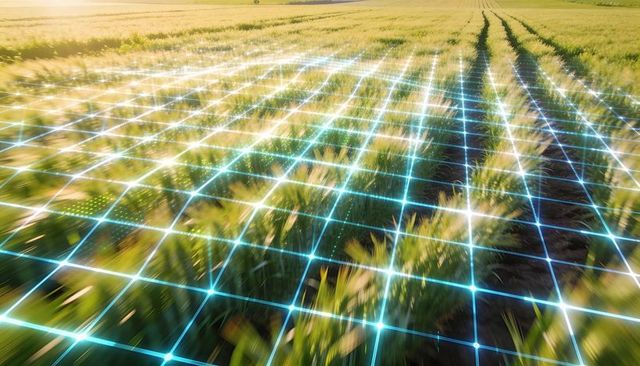 Mapping precision agriculture: glowing grid overlay tracking wheat field at sunrise