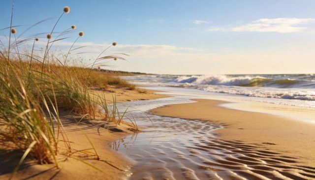 Sunlit dune grass leaning over rippled wet sand low-tide channel along golden hour coastline
