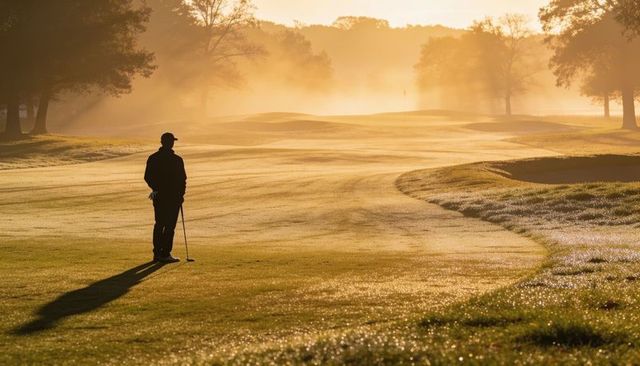 Golfer standing on dewy fairway at sunrise casting long shadow through morning mist
