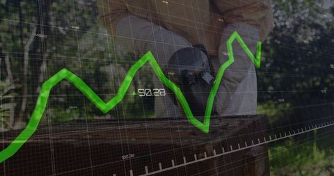Beekeeper examining hive with financial growth chart overlay