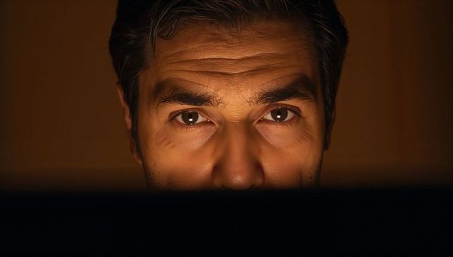 Staring middle-aged man leaning toward screen in dim room, monitor silhouette closeup, intense gaze