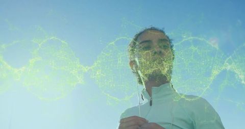 Athlete with DNA Structure Overlay During Fitness Routine