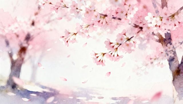 Cherry Blossom Branch Blooming and Petals Drifting Over Pastel Soft Spring Garden Tranquil
