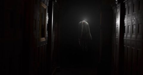 Spooky Ghostly Figure Floating in Dark Corridor
