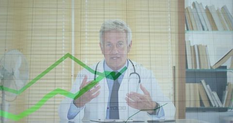 Senior physician presenting green health analytics overlay with rising data trend
