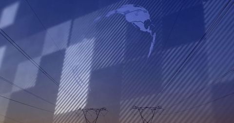 Interconnected transmission towers with futuristic digital grid and earth overlay