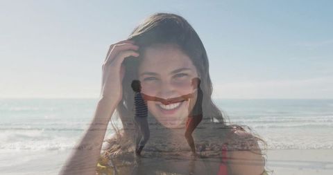 Smiling Woman on Beach with Dancing Couple Overlay