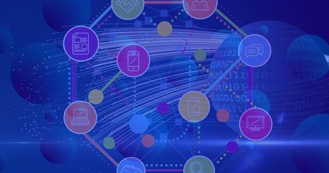 Abstract Digital Network with Icons over Binary Globe - Download Free Stock Images Pikwizard.com