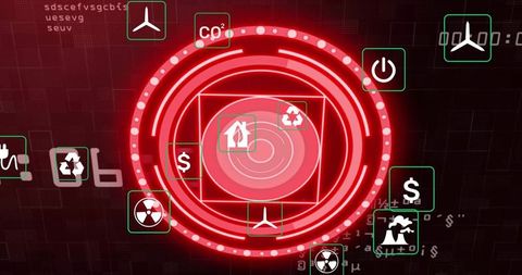 Red digital hud pulsing with renewable energy, finance and environmental icons