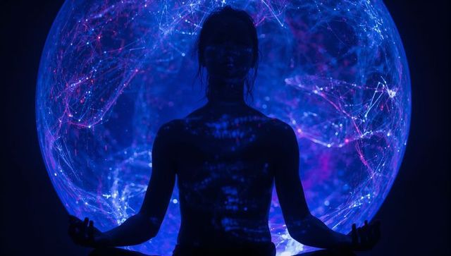 Silhouetted woman meditating in tight suit before holographic neon network sphere