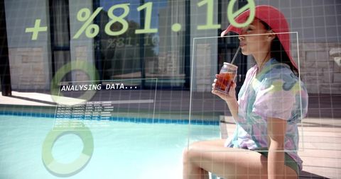 Poolside woman sipping iced drink while data analytics hud overlay displays charts
