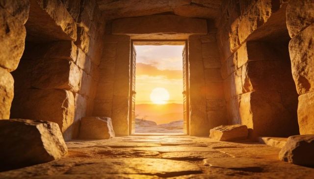 Sunlit Ancient Stone Portal Opening to Desert Sunrise Over Distant Horizon