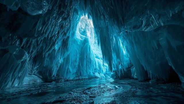 Turquoise ice cave with icicles and frost ripples