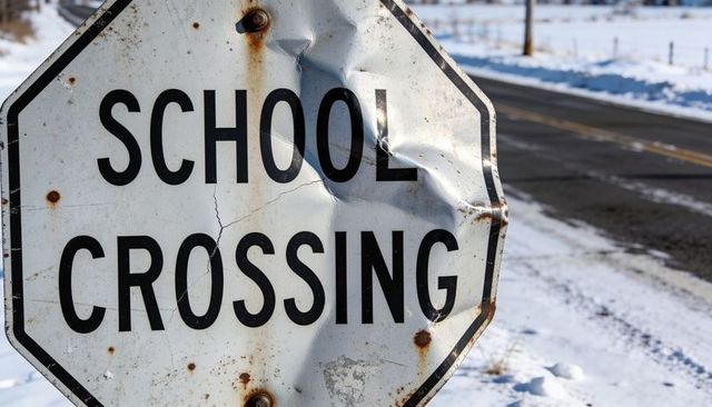 Dented rusty school crossing sign on snowy rural road close-up with weathered metal and bolts
