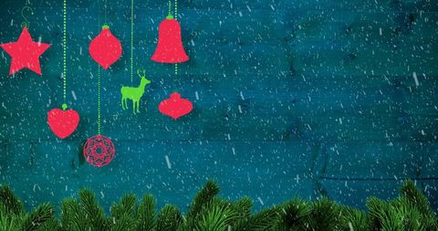 Festive Hanging Christmas Ornaments with Snowfall on Rustic Background