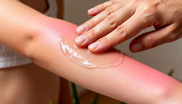 Applying cooling gel to sunburned forearm for soothing skin relief and after-sun care