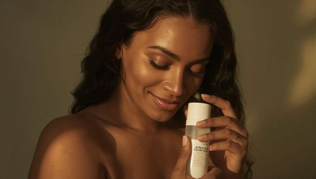 Sunlit model holding white skincare bottle near face with dewy glowing skin and soft smile