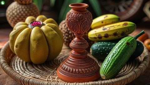 Carved terracotta vase with fresh fruits on rustic basket, vishu festival