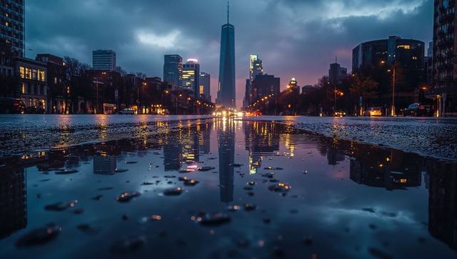 Puddle Reflection of Majestic Urban Skyscraper Amid Moody Nighttime Vibes