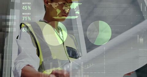 Engineer inspecting construction plans wearing hi-vis vest with ar data overlay