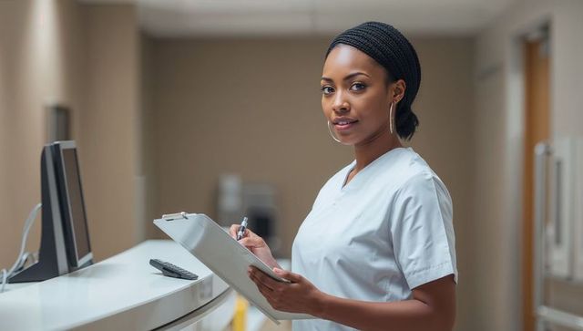 Confident nurse holding clipboard at clinic reception desk wearing white scrubs