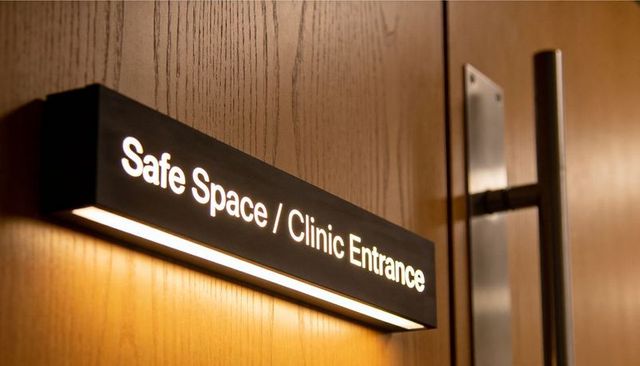 Glowing Safe Space / Clinic Entrance Sign on Wooden Door with LED Strip and Metal Handle