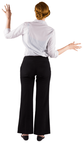 Transparent businesswoman presenting with open hands in office attire