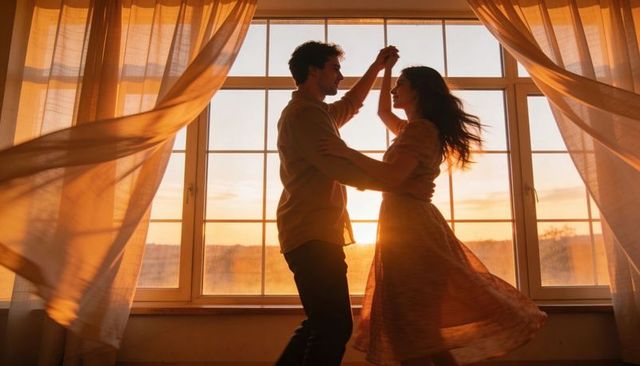 Romantic couple dancing at sunset by window, twirling in flowing dress backlit golden hour