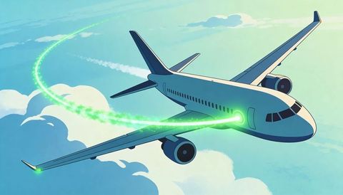 Soaring commercial jet emitting green energy beam and neon vapor trail over bright sky