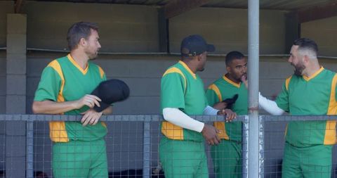 Baseball players chatting in dugout wearing green and yellow uniforms showing team camaraderie