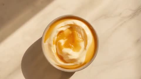 Sunlight sliding across marble, ceramic ramekin holding whipped cream and caramel swirl